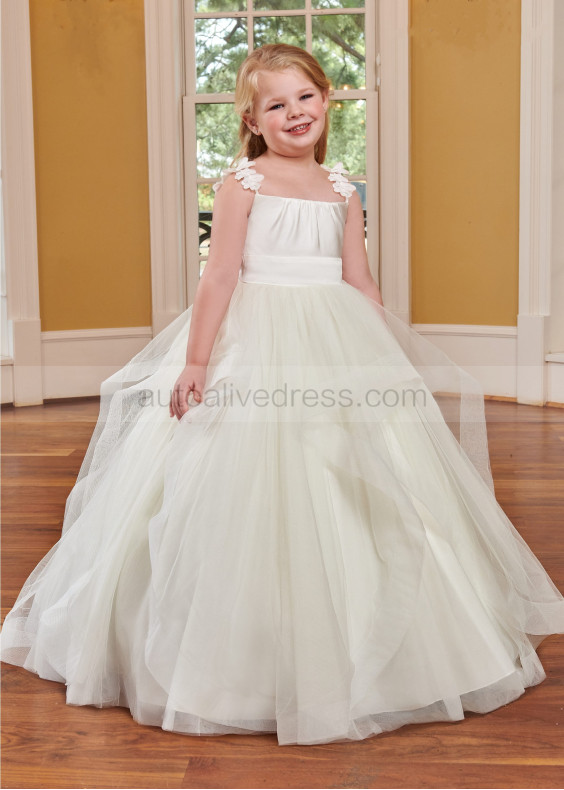 Gathered Neck Ivory Satin Tulle Ruffled Flower Girl Dress